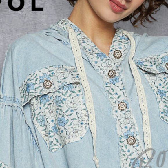 POL Perfect Hoodie Lightweight Denim Twill Button Up Baggy Drop Shoulder Jacket - Picture 3 of 11